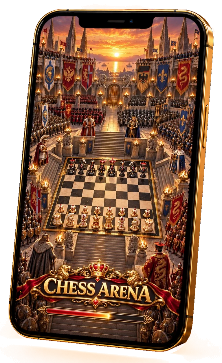 Chess Arena on a phone: the grand hall with the CHESS ARENA crest above a chess board